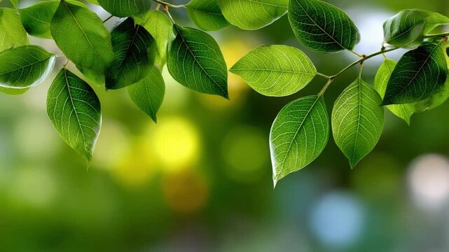 Green Canopy: A close-up view of vibrant green leaves on a branch, illuminated by the gentle sunlight filtering through the background, revealing a scene of freshness and renewal.