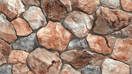 Close-up of wall composed of various sized brown, beige, gray, and rust-colored stones