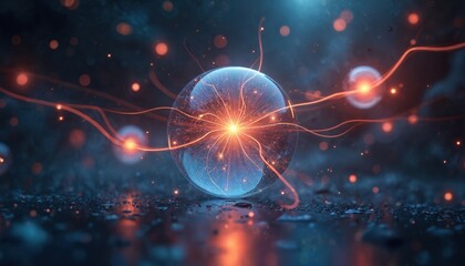 Obraz premium Abstract glowing sphere pulsates with energy beams. Neon lights, particles float in dark void. Digital art cosmic phenomenon, science, future tech. Futuristic abstract background with bokeh.