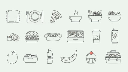 Collection of various food and drink icons in a simple line art style.