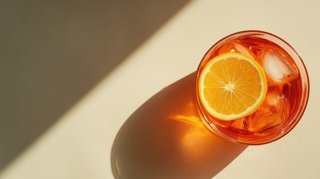 A refreshing healthy eating drink with orange slice in a glass, casting a sunny shadow on a minimalist background.