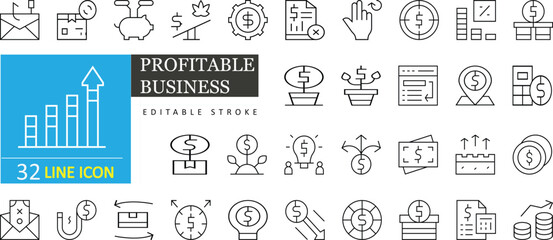 Profitable Business icon set with editable stroke, featuring strategy, revenue, competitive advance, Pack finance, money, investment, banking, growth, product and chart. Editable stroke illustration