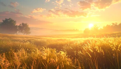 A vibrant sunrise casts a warm glow over a field of golden crops and wildflowers. Distant trees in mist