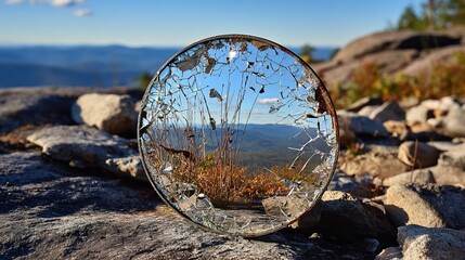A shattered circular mirror on a rocky surface, reflecting a distant mountain range
