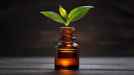 Small glass bottle with brown liquid, green plant growing out, set on wooden surface
