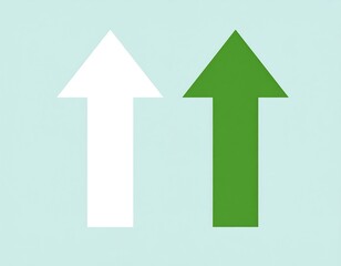 Two upward-pointing arrows, one white, one green, on a light blue background