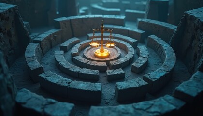 Golden scales of justice sit at the center of a stone labyrinth. Abstract concept of law and legal system challenges. Finding truth and order in complex maze.