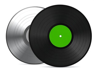 Two vinyl records, one black with green label, the other silver
