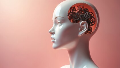 Obraz premium White mannequin head profile with exposed clockwork gears inside its skull. Symbolizes artificial intelligence, robotic thinking, or mechanical mind. Concept for future tech, brain mechanics.