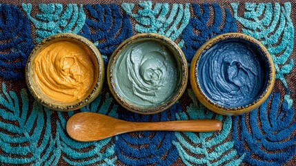 Three colorful cosmetic masks in bowls and a wooden spoon, viewed from above