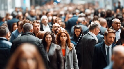 Crowd Commute: A dense gathering of people navigate the bustling city streets, depicting a day of daily commuting and everyday lives.