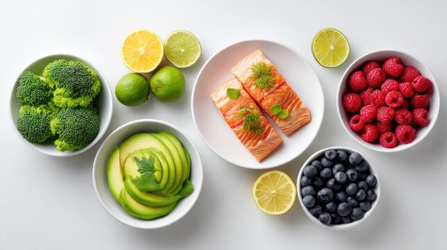 Fresh Healthy Ingredients Displayed on White Background with Avocado, Salmon, Berries, Broccoli, and Citrus Fruits for Nutritious Meal Preparation