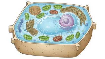 Detailed illustration of a cell with organelles and nucleus