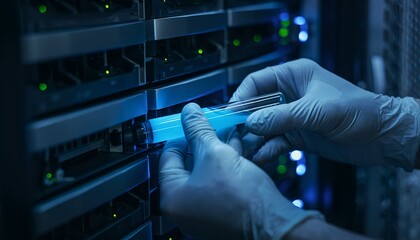 Technician works on server equipment in dark server room during evening hours with blue lighting