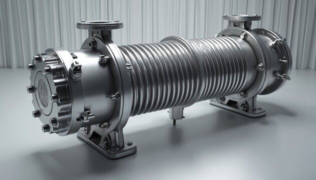 Sleek stainless steel shell, tube heat exchanger with flanged connections. Industrial metal device ribbed middle section, mounted on supports. Modern engineering equipment in studio setting.