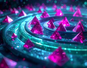 Dazzling arrangement of vibrant pink crystal pyramids on a glowing spiral