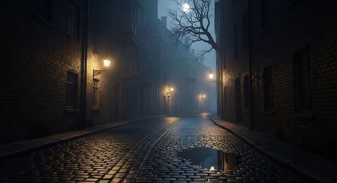 Cobblestone street scene glows under gaslight lamps on a foggy night - Powered by Adobe