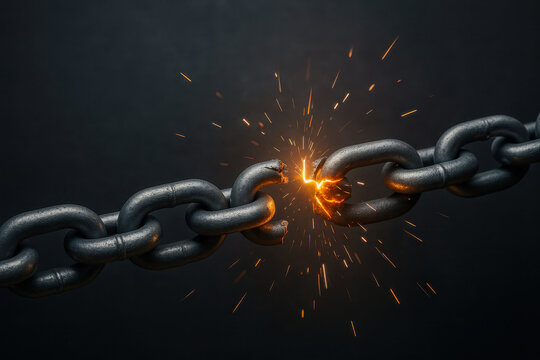 A close-up of a breaking metal chain with sparks flying. The background is dark, emphasizing the dramatic moment of separation.