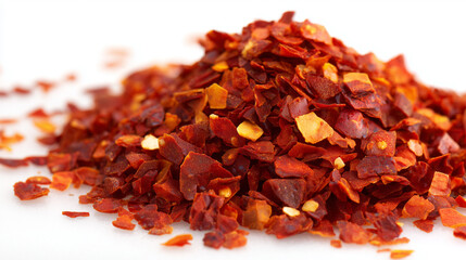 Pile of vibrant red dried chili flakes on a white background, close-up. Hot and spicy ingredient for cooking and seasoning, perfect for food blogs, recipes, and culinary designs.