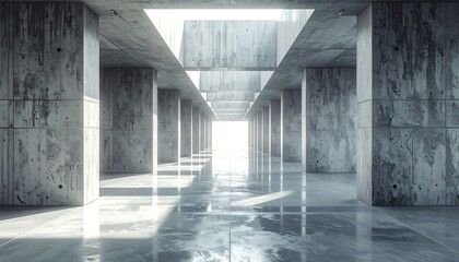 A stark, modern corridor bathed in natural light. Massive concrete pillars line a polished floor, leading to a bright opening
