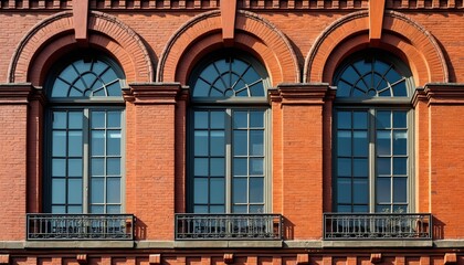 Red brick building exterior with three arched windows and decorative metal railings below. Old architecture facade features ornate masonry and classic window design.