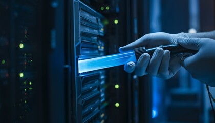 Technician performs maintenance on server rack using tool in data center