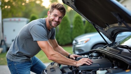 Smiling man checks car engine under open hood outdoors. He repairs auto vehicle on driveway, focused on engine parts. Caucasian male enjoys fixing car in suburban setting.