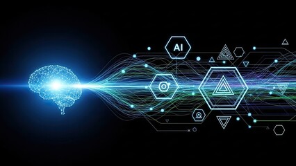 Artificial intelligence network with glowing brain and futuristic connections