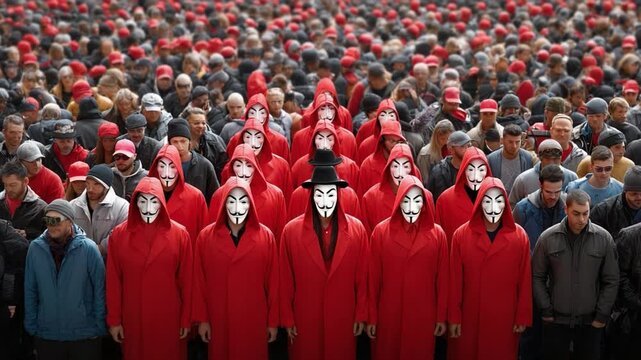 Red Cloaks and Masks: A large group of people stand united, the focal point being the individuals cloaked in red, wearing stark masks that conceal their identities.