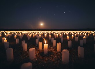 Vast field illuminated by numerous candles under a moonlit night sky