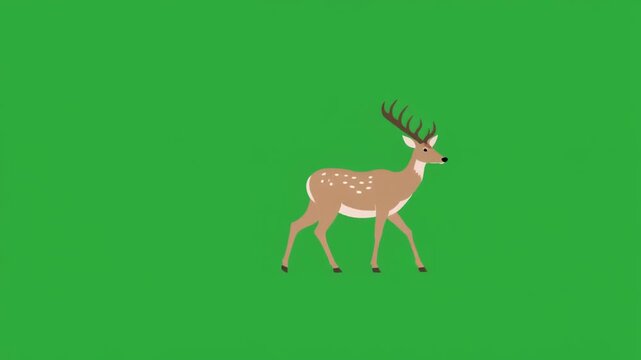 Stylized vector illustration of a majestic wild deer, a spotted buck with impressive antlers, walking gracefully against a vibrant green background, embodying wildlife and nature
