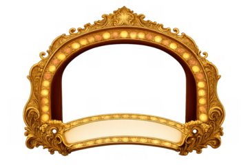 Golden ornate theatrical arch frame with lightbulbs and blank banner, vintage retro stage marquee border on transparent background