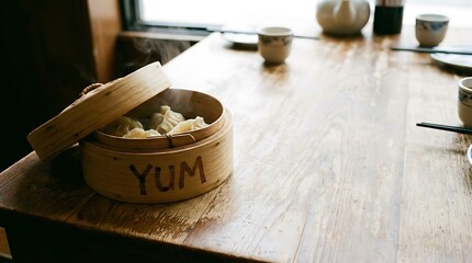 Steaming Dumplings in a Bamboo Steamer Basket on a Wooden Table.
