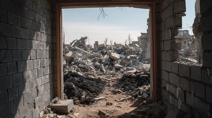 View through a damaged doorway, revealing a landscape of rubble and destruction