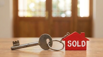 House Key with Red Sold Sign on Wooden Table.