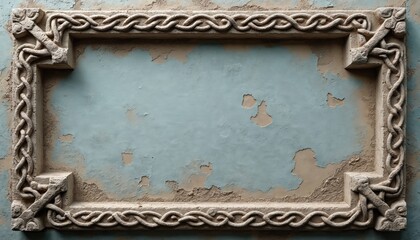 Carved stone frame with intricate Celtic knot pattern surrounds distressed blue wall. Ancient design adds historical texture to aged border. Textured background offers space for text.