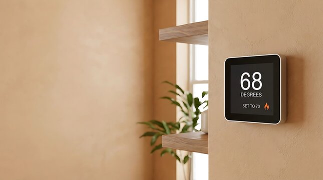 Smart Thermostat Displaying 68 Degrees Fahrenheit on a Wall.
