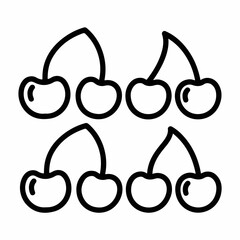 Outline set of cherry icons, illustrating sweet pairs of fruit in black line art on a clean white background.