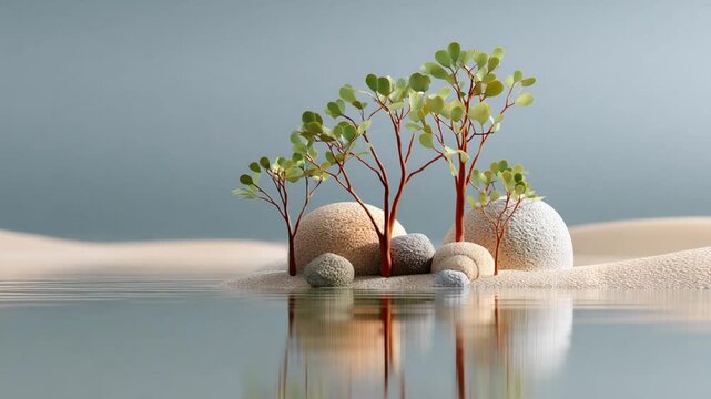 Serene Sanctuary: Tiny trees find their haven on smooth rocks amid a tranquil beach. Peaceful water reflects this harmonious scene.