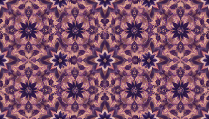 Purple pink floral kaleidoscope pattern with symmetrical flowers