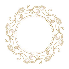 Golden foliage frame. Ornamental circular leaf wreath with graceful line pattern