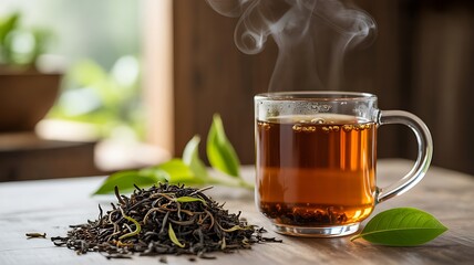 Freshly brewed loose leaf tea with steaming hot cup on wooden table