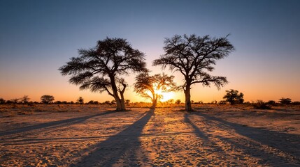 Silhouetted trees stand against the setting sun, casting long shadows on a dry, open landscape