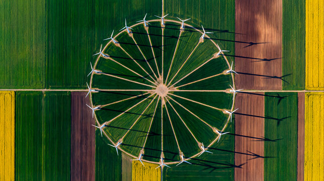Abstract aerial view looking straight down at circular arrangement of wind turbines in agricultural landscape, turbines positioned in perfect geometric spiral pattern like flower petals