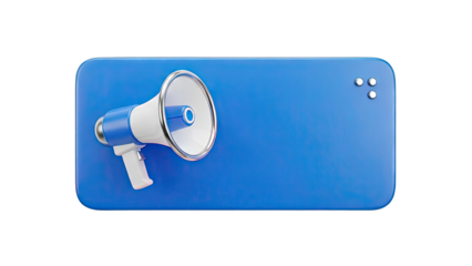 3D Megaphone on Blue Rectangular Platform with Circle Details
