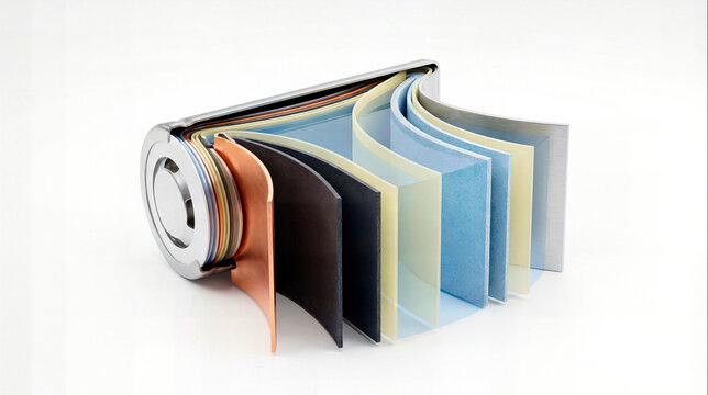 Detailed technical cutaway view of modern lithium-ion battery cell showing internal layered structure, copper and aluminum current collectors visible, cathode and anode materials in contrasting colors