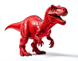 Vivid red toy dinosaur posed against a pristine white backdrop