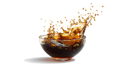 A glass bowl filled with soy sauce on a clean white background, minimalist composition, bright studio lighting, high resolution, wide shot. Dynamic scene: soy sauce ingredients (soybeans, water, salt,