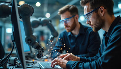Two engineers work with a robotic arm in a workshop. They use a computer and laptop to program the machine, sparks fly from the robot arm. Team works on futuristic project.