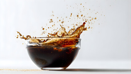 A glass bowl filled with soy sauce on a clean white background, minimalist composition, bright studio lighting, high resolution, wide shot. Dynamic scene: soy sauce ingredients (soybeans, water, salt,